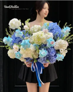 Giỏ hoa sinh nhật Spirit Hydra hoa tú cầu xanh phối hồng cao cấp Vườn Hoa Tươi