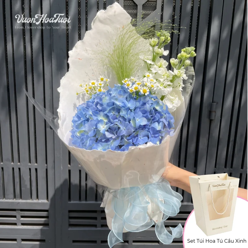 Bó Hoa Sinh Nhật Cẩm Tú Cầu Moomi_Chỉ Bán Tại Shop Set Túi Hoa Tú Cầu Xanh