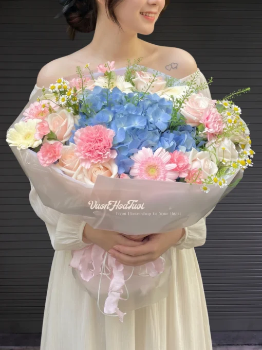 Đắm say bó hoa Hydrangea Blue Moment cẩm tú cầu xanh nhập nhập Trung