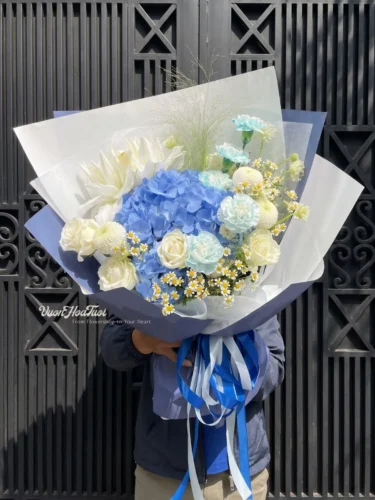 Bó Hoa Cẩm Tú Cầu Hydrangea Blue Lily White Tuyệt Vời